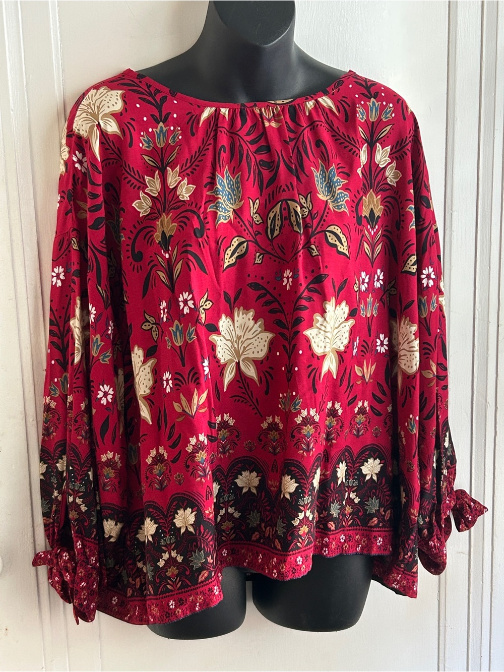 LOFT Red Floral Peasant Tunic with Tie Sleeves